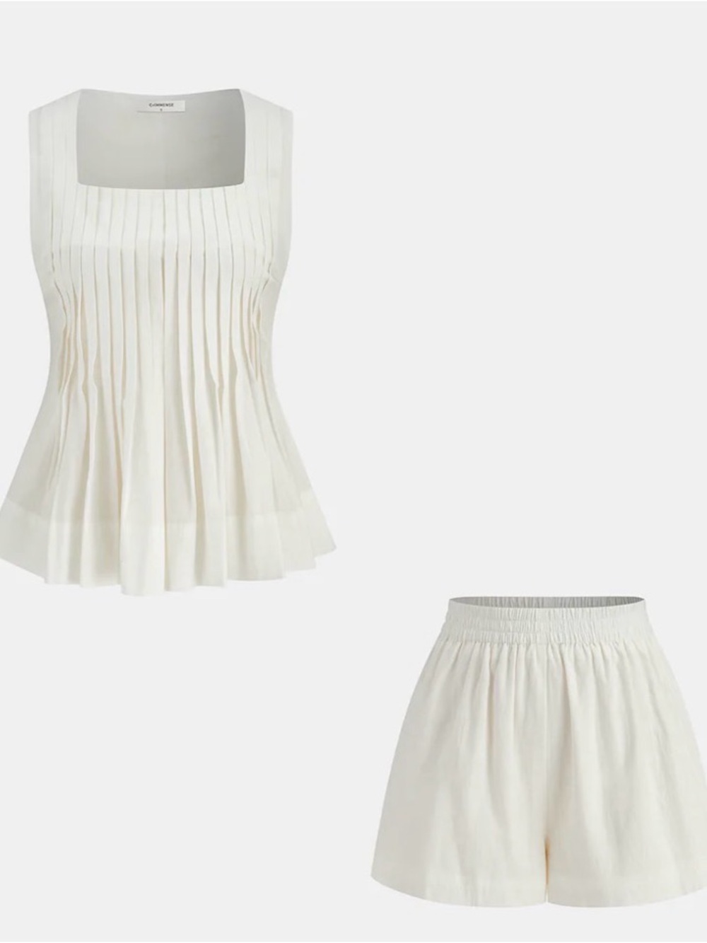 Commense Cream Pleated Square-Neck Top and Matching Shorts Set